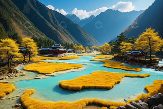 山谷中式建筑自然风光