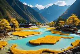 山谷中式建筑自然风光