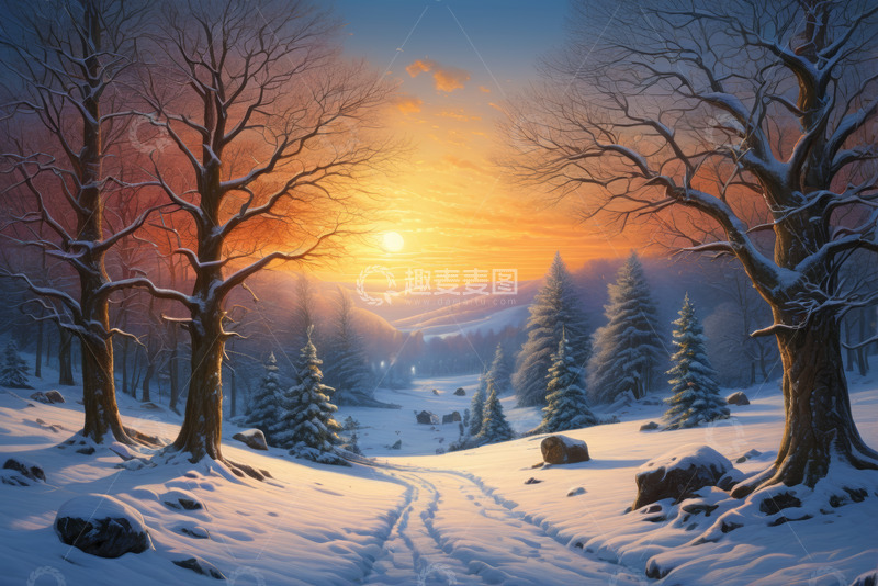 高清大图下载【趣麦麦图】冬日雪林日落风景