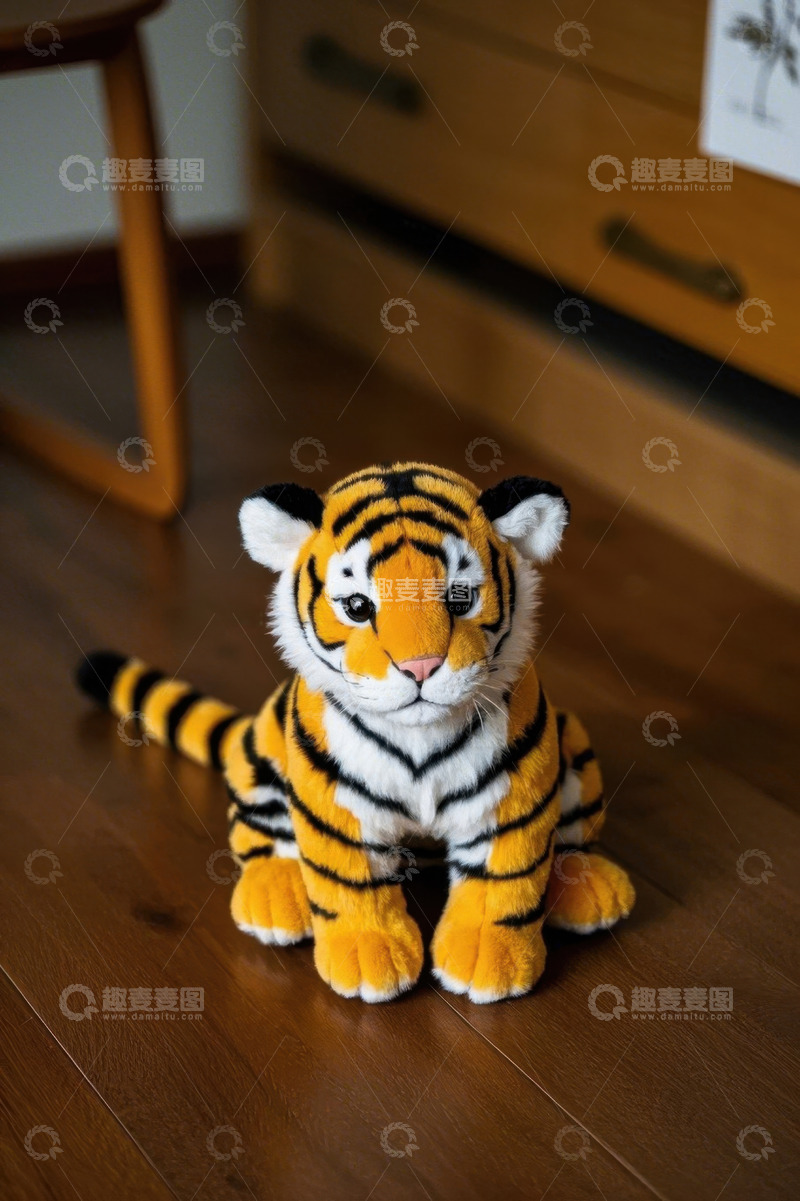 高清大图下载【趣麦麦图】室内地面上的老虎毛绒玩具