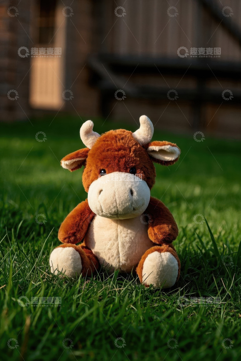 高清大图下载【趣麦麦图】草地上的棕色毛绒牛玩偶