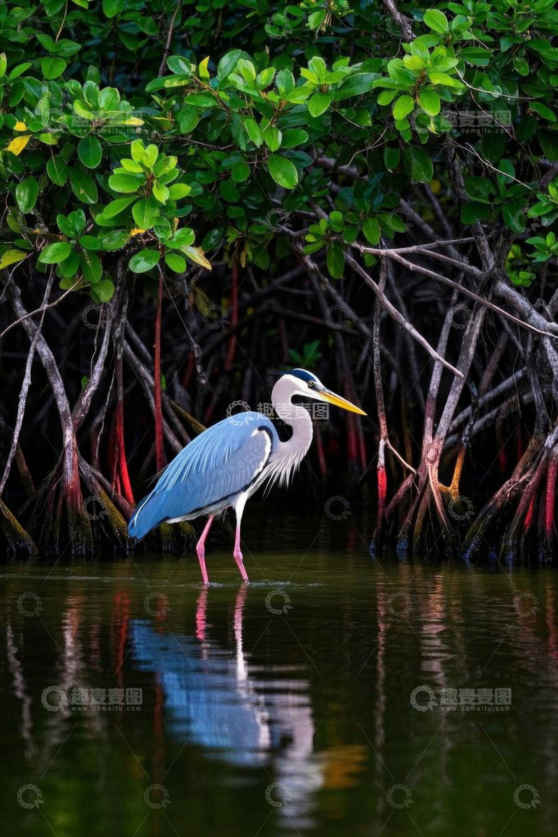 高清大图下载【趣麦麦图】水边长颈灰鹭与红树林景观