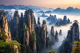 云雾缭绕的中国山峰景观