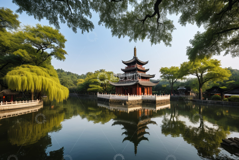 高清大图下载【趣麦麦图】湖畔中式古建筑风景