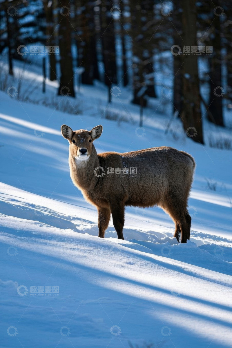 高清大图下载【趣麦麦图】雪地森林中的鹿
