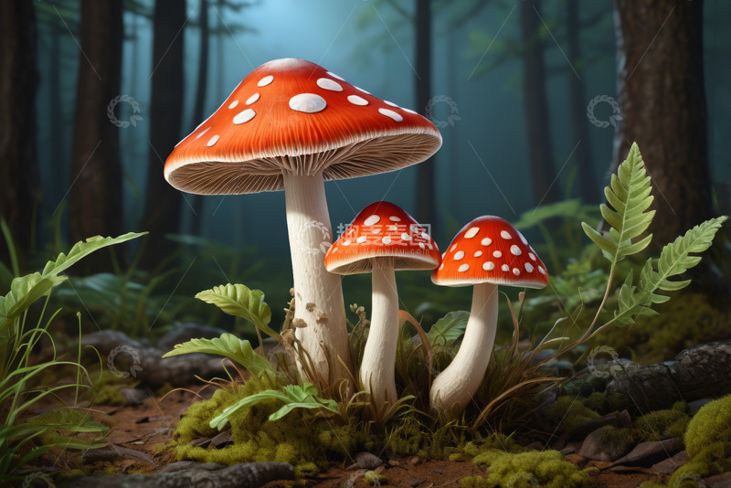 高清大图下载【趣麦麦图】森林中生长的红色斑点蘑菇