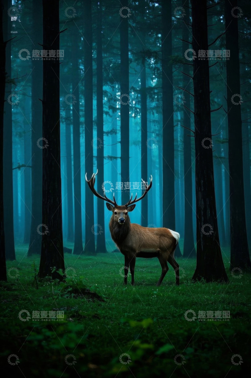 高清大图下载【趣麦麦图】森林中站立的雄鹿