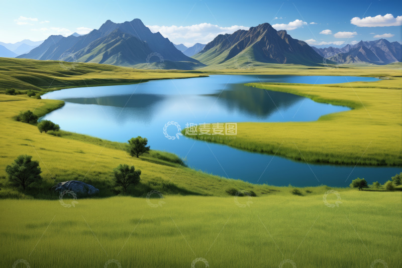 高清大图下载【趣麦麦图】草原湖泊与远山自然景观