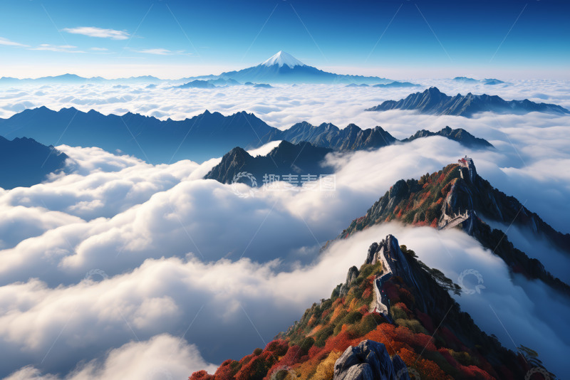 高清大图下载【趣麦麦图】云海中的山脉与远处雪山景观