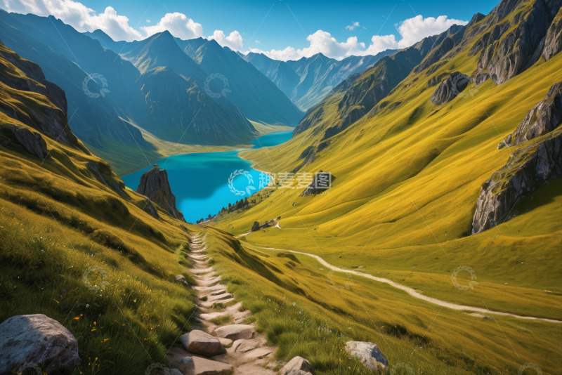 高清大图下载【趣麦麦图】山间小径旁的蓝色湖泊景观