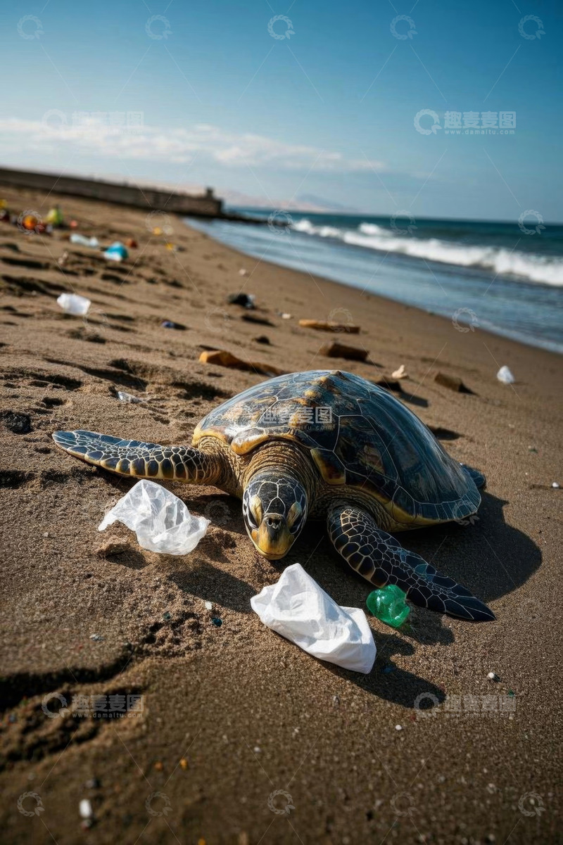 高清大图下载【趣麦麦图】海滩上的海龟与塑料垃圾