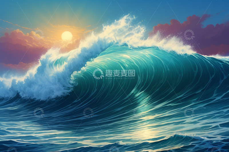 高清大图下载【趣麦麦图】夕阳下的海洋大浪景观