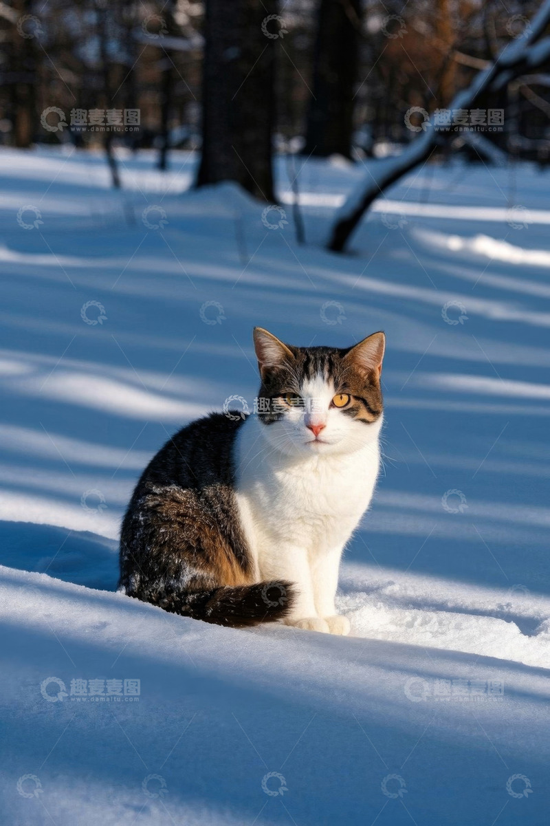 高清大图下载【趣麦麦图】雪地中坐着的猫咪