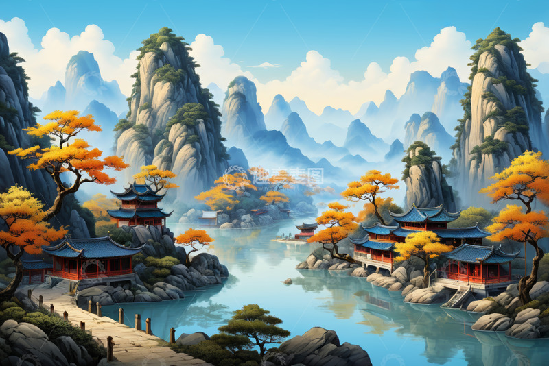 高清大图下载【趣麦麦图】中式山水古建筑风景