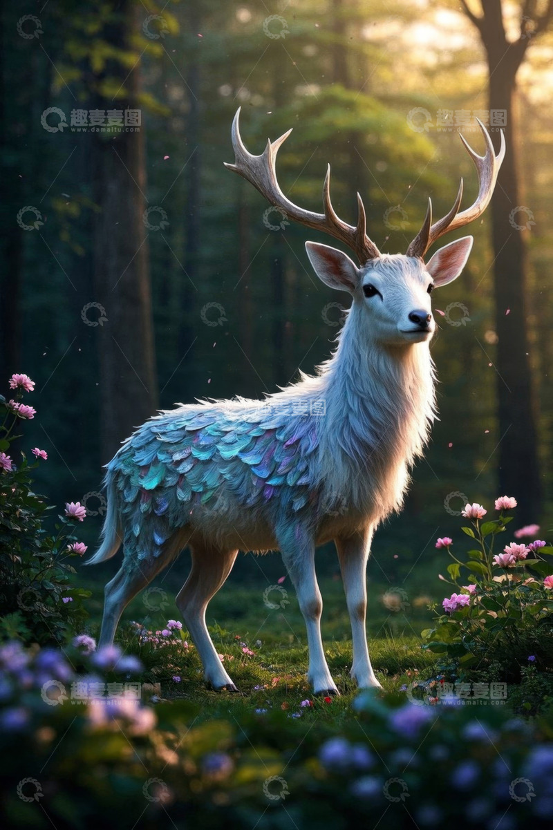 高清大图下载【趣麦麦图】森林中奇幻白鹿站立场景