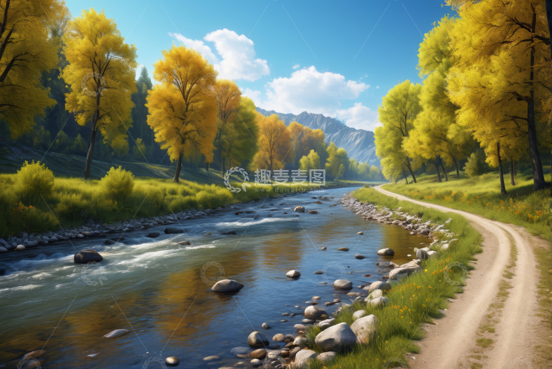 高清大图下载【趣麦麦图】溪边秋日树林自然风光