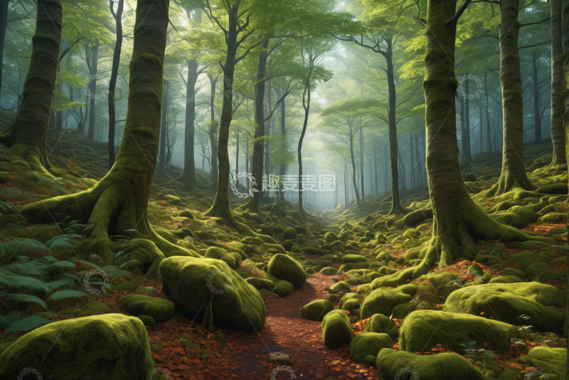 高清大图下载【趣麦麦图】阳光照耀下的静谧森林景象