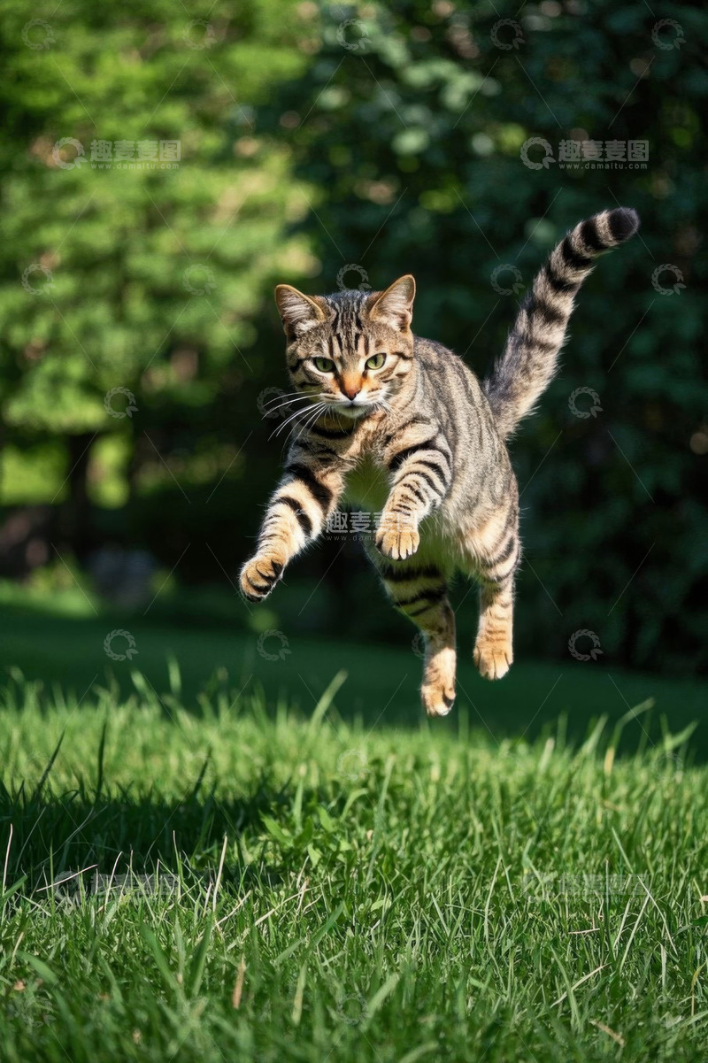 高清大图下载【趣麦麦图】户外草地上跳跃的猫咪