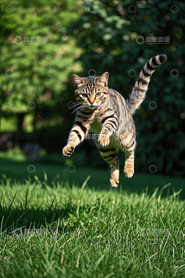 户外草地上跳跃的猫咪