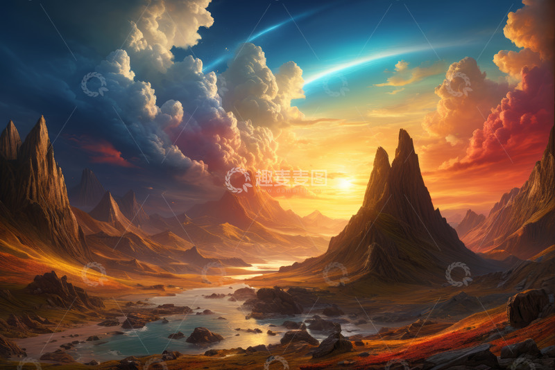 高清大图下载【趣麦麦图】幻想风格山川日落风光