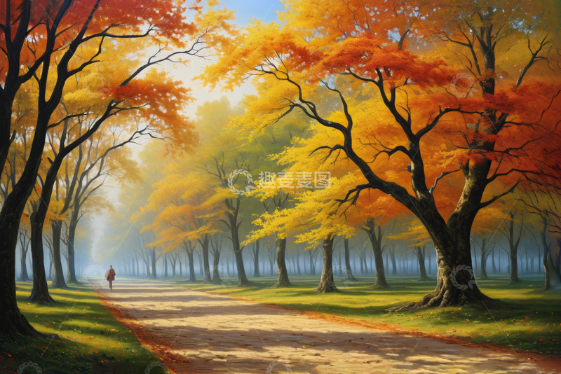 高清大图下载【趣麦麦图】秋日森林中独自行走的人