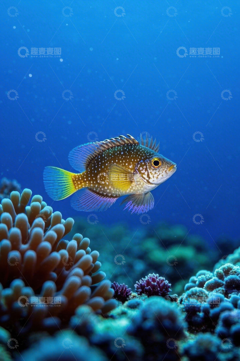高清大图下载【趣麦麦图】水下珊瑚旁游动的彩色鱼