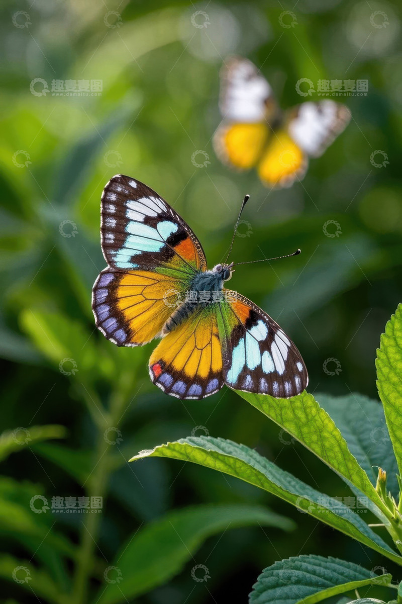 高清大图下载【趣麦麦图】多彩蝴蝶停驻绿叶画面