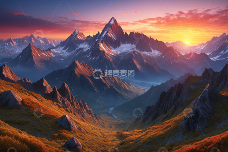 高清大图下载【趣麦麦图】日出时分的壮丽山脉景观