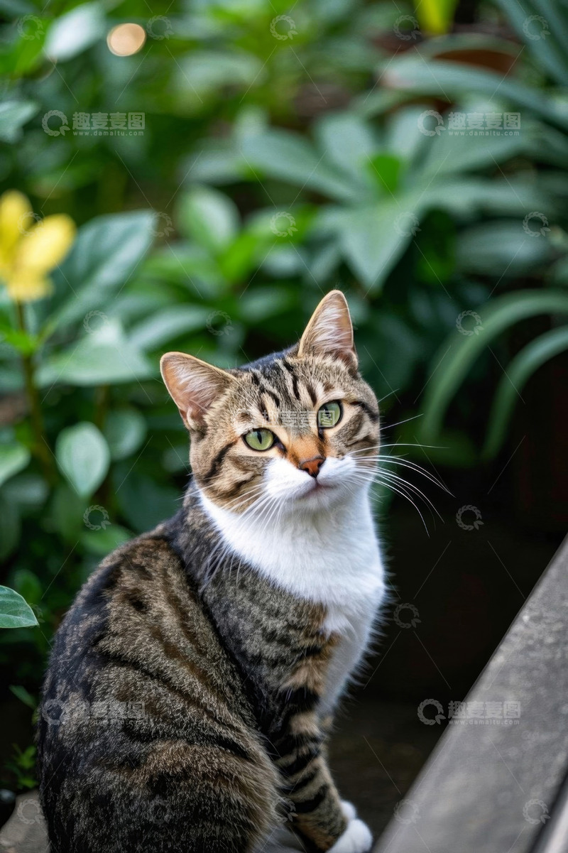 高清大图下载【趣麦麦图】户外绿植旁的花猫特写