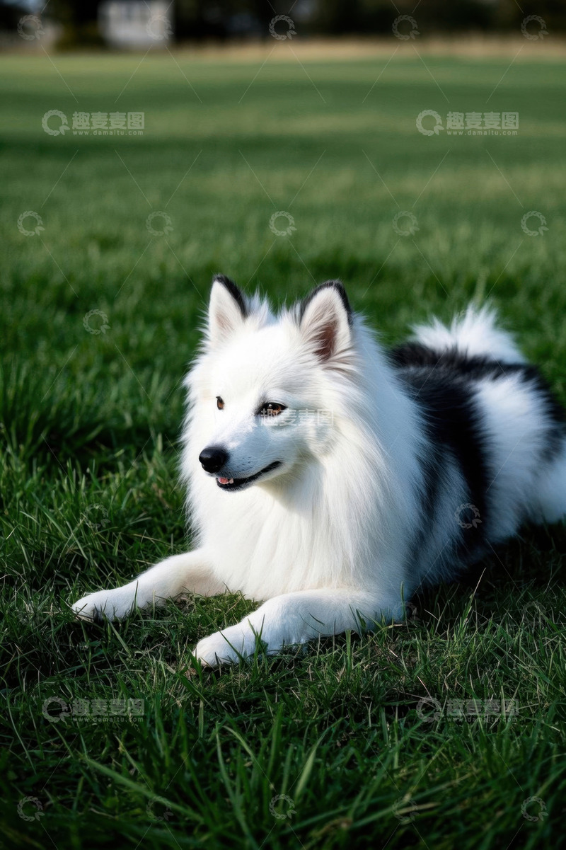 高清大图下载【趣麦麦图】草地上趴着的黑白相间宠物犬