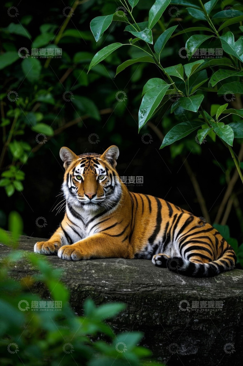 高清大图下载【趣麦麦图】老虎休憩于绿植环绕的岩石上