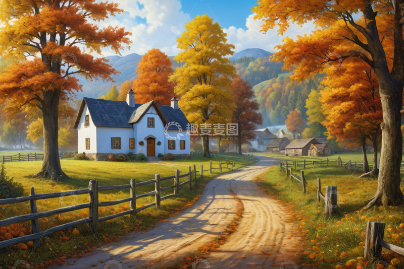 高清大图下载【趣麦麦图】秋日乡村小屋与田园风光