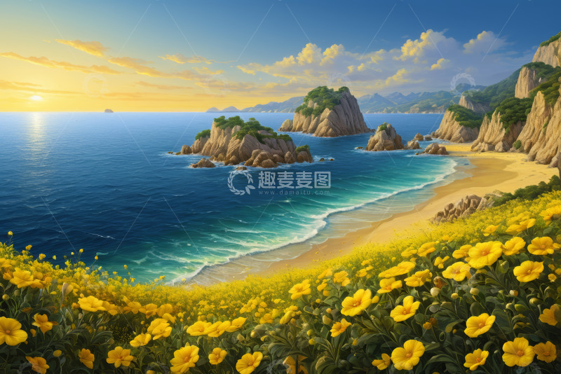 高清大图下载【趣麦麦图】海边黄花盛开的美丽风景