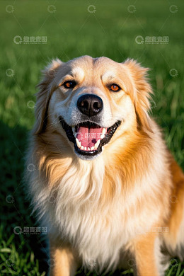 草地上坐着的金毛犬