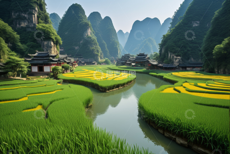 高清大图下载【趣麦麦图】山水间稻田与古建筑景观