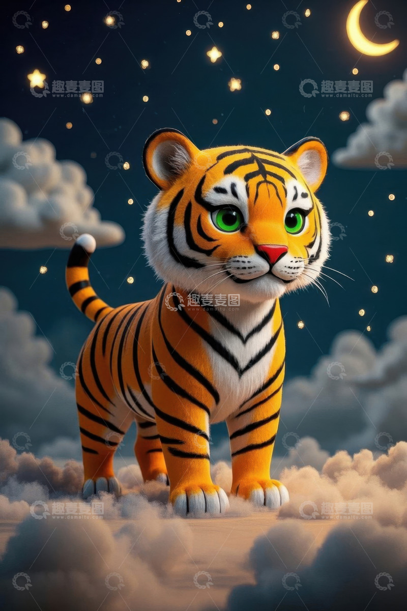 高清大图下载【趣麦麦图】夜空下的卡通老虎形象