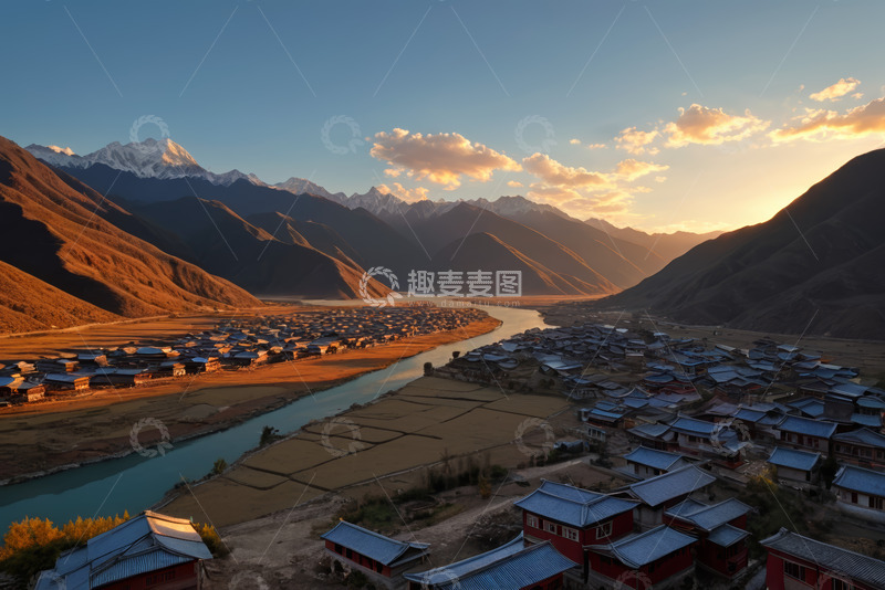 高清大图下载【趣麦麦图】山村河畔雪山日落全景