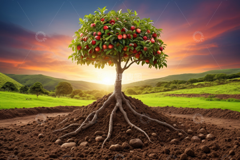 高清大图下载【趣麦麦图】夕阳下硕果累累的苹果树