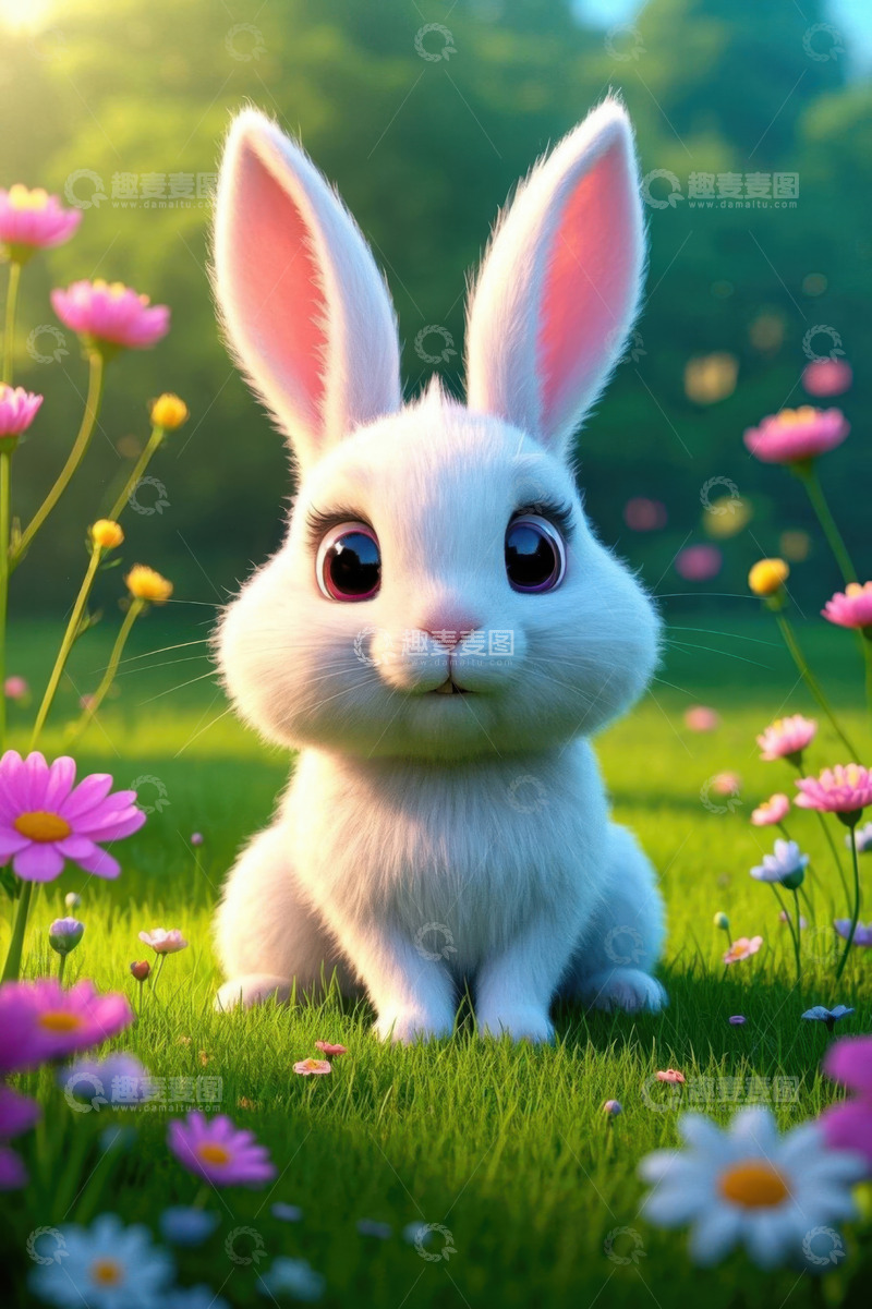 高清大图下载【趣麦麦图】草地上的可爱白兔