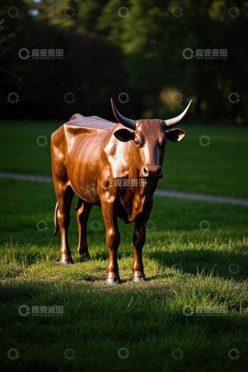 高清大图下载【趣麦麦图】草地上的牛雕塑