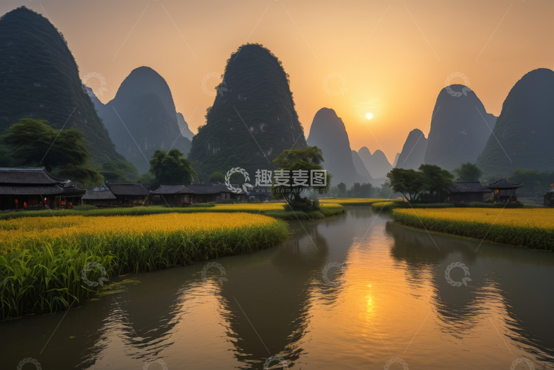 高清大图下载【趣麦麦图】阳朔山水田园日落风光
