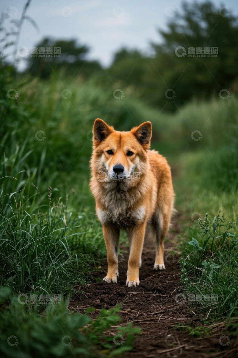 高清大图下载【趣麦麦图】田野中站立的黄狗