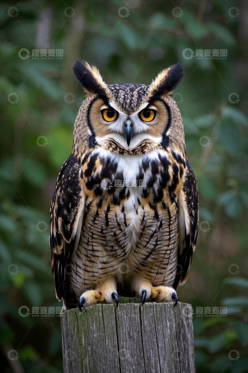 高清大图下载【趣麦麦图】站立在木桩上的猫头鹰特写