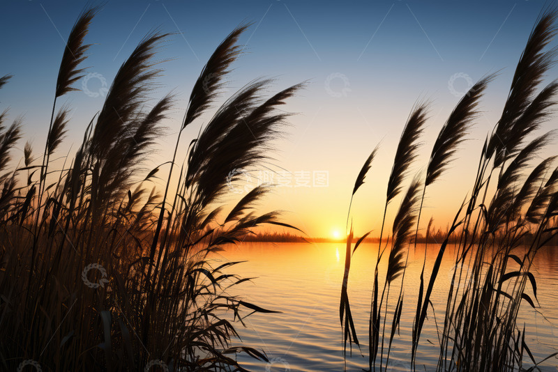 高清大图下载【趣麦麦图】湖畔芦苇落日黄昏美景