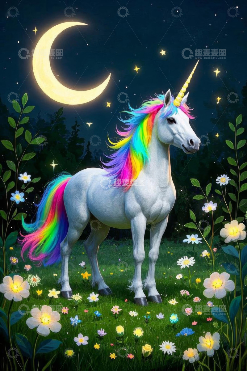 高清大图下载【趣麦麦图】月夜草地的独角兽插画