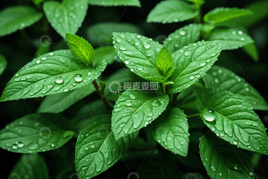 带水珠的新鲜绿色植物叶片