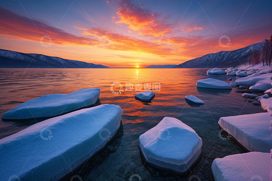 湖畔冰雪日落自然景观