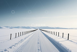 雪地中延伸的道路与围栏