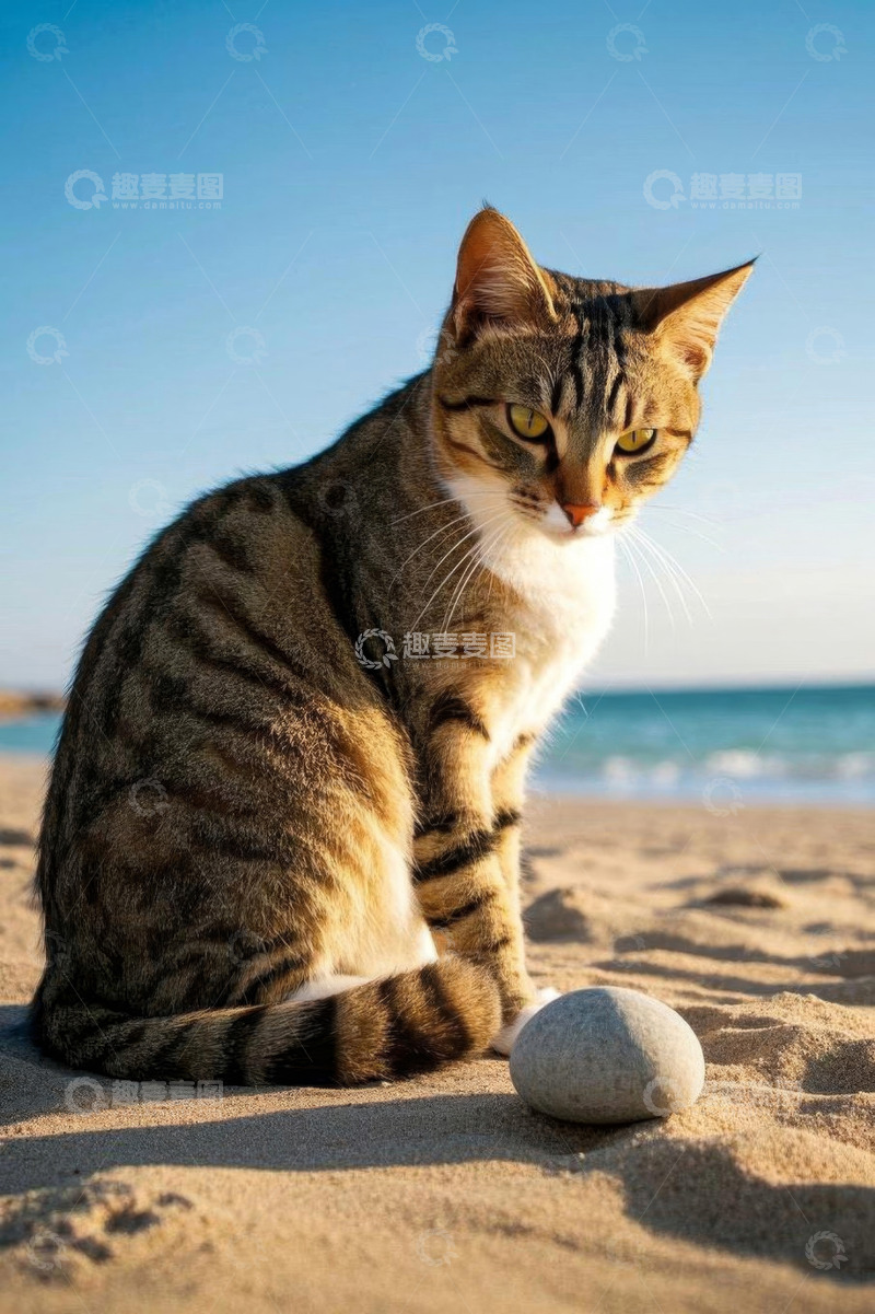 高清大图下载【趣麦麦图】沙滩上的猫咪