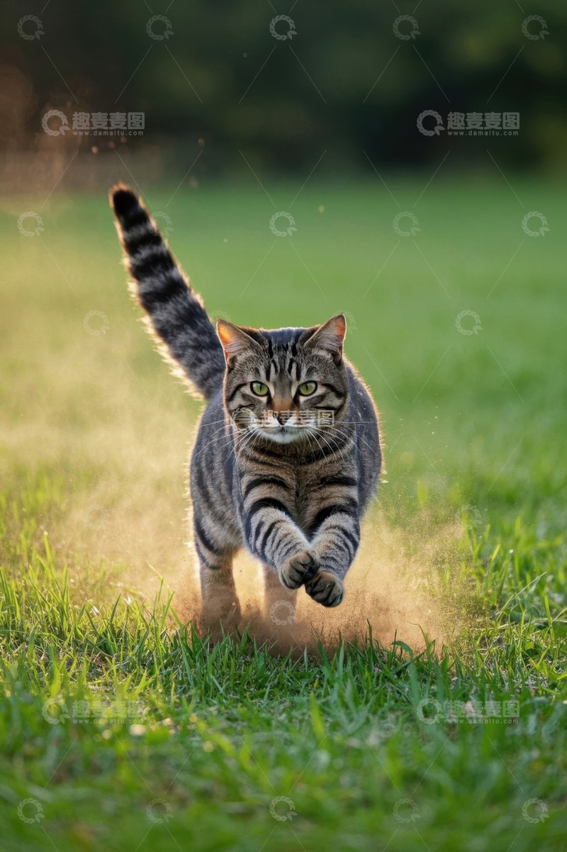 高清大图下载【趣麦麦图】草地上奔跑的条纹猫